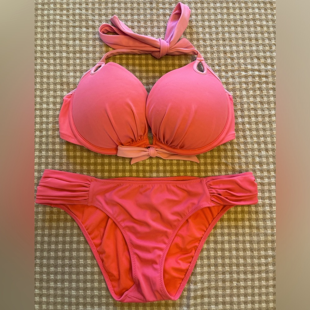 Victoria’s Secret coral/pink swim suit, size small bottoms, size 34D top